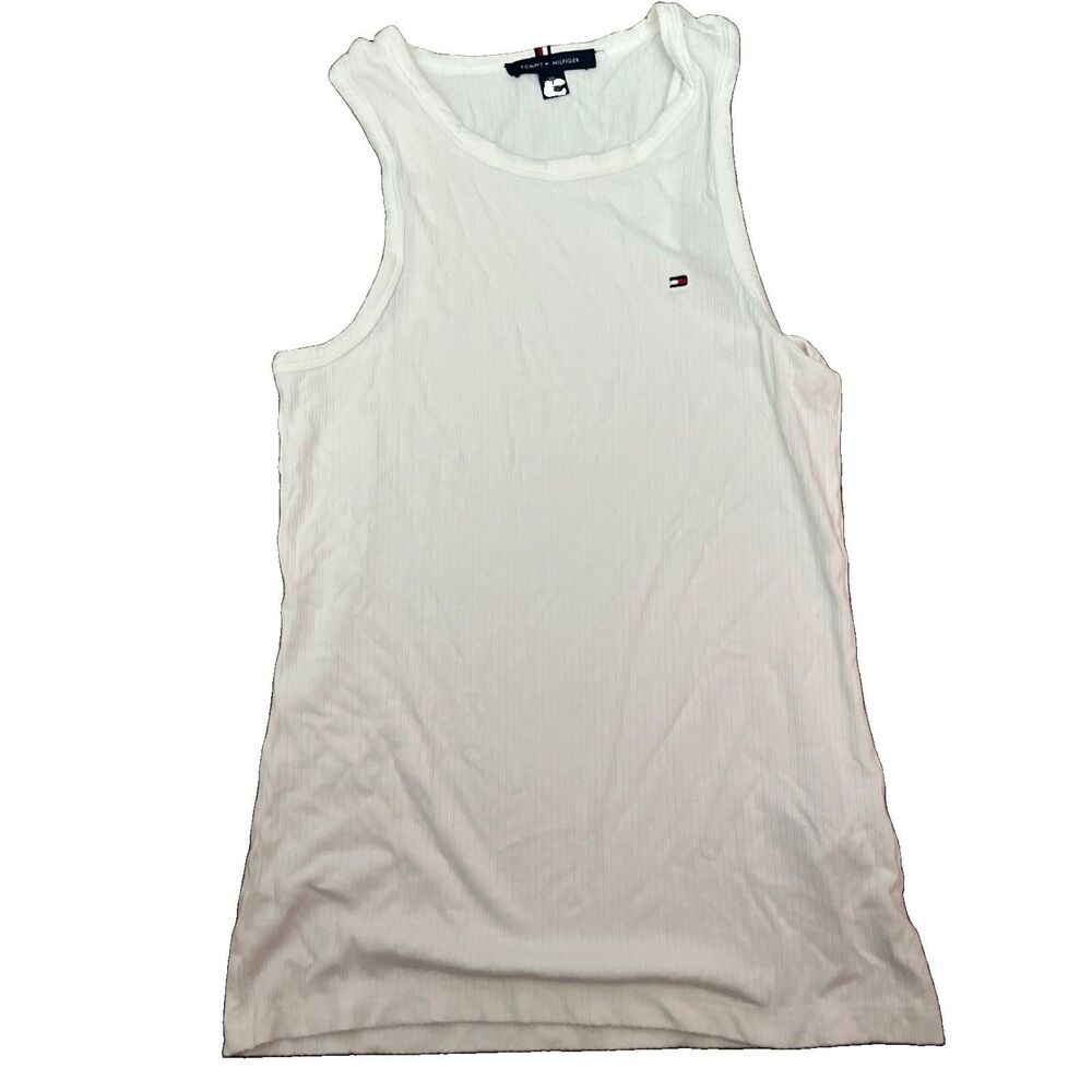 Tommy Jeans Women's Essential Rib Tank Top White Scoop Neck Flag Logo XS